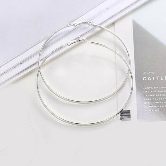 18K White Gold Plated Silver Large Smooth Hoop Earrings 50mm or 1.96" Party Gift - Picture 2 of 2